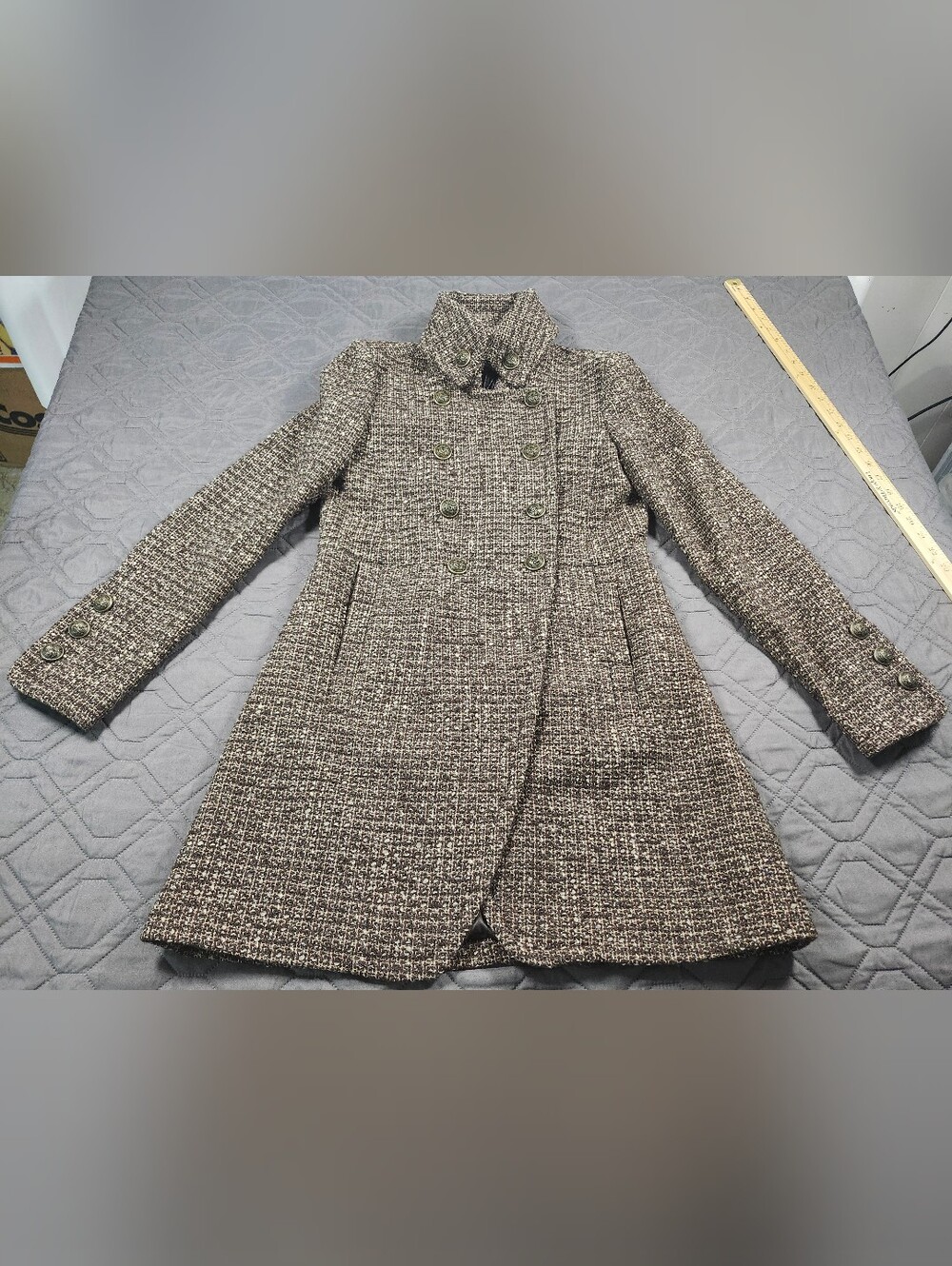 7 For All Mankind brown wool-blend tweed double-breasted long coat  high collar